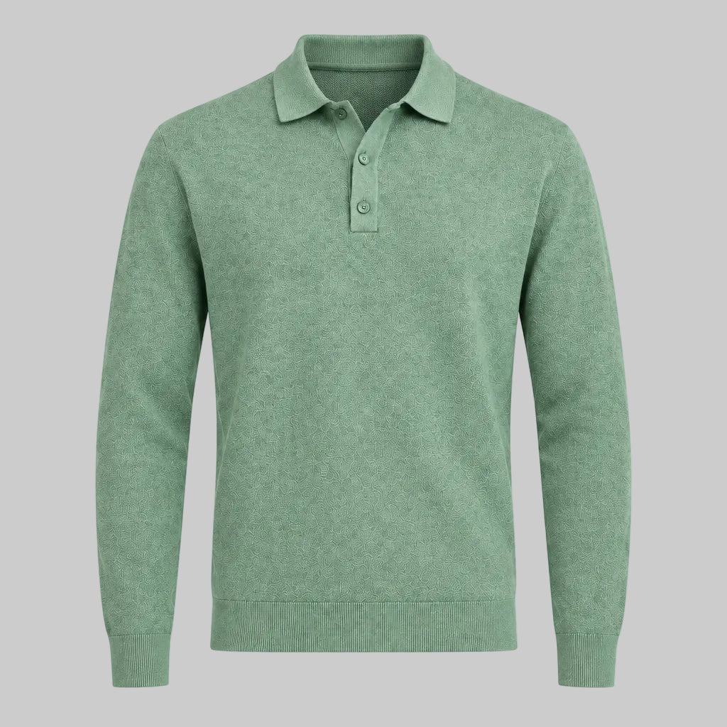 Green long-sleeve V-neck polo sweater with button placket and ribbed cuffs