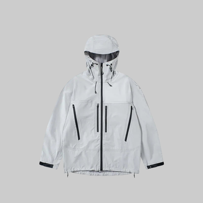 Windproof hardshell coat with hood, light gray, front zip and zippered chest pockets