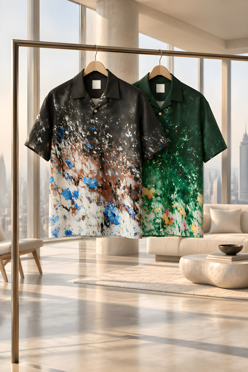 Gradient floral short-sleeve button-up shirts on hangers: dark and deep green