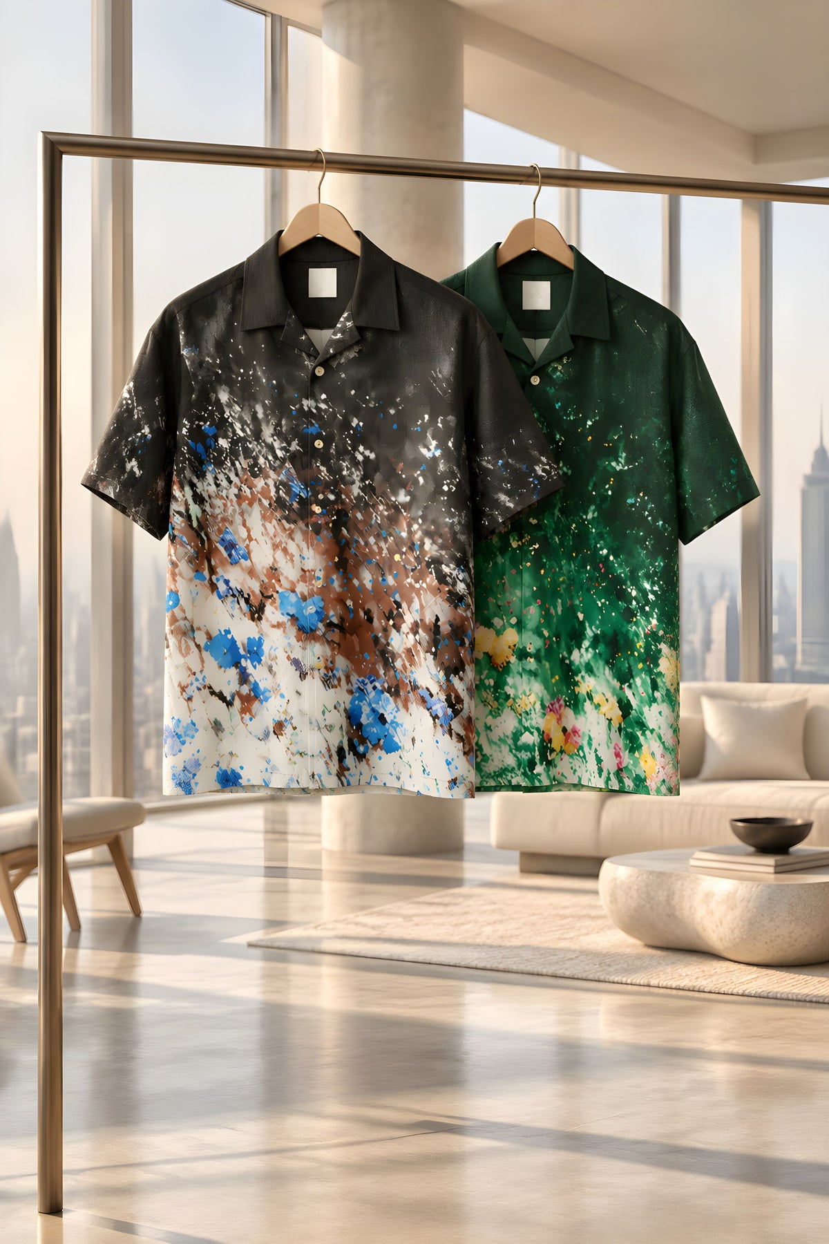Gradient floral short-sleeve button-up shirts on hangers: dark and deep green