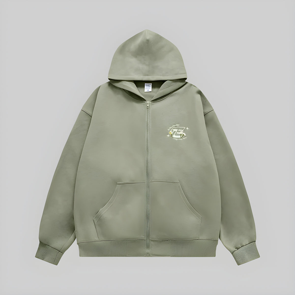 Sage green embroidered full-zip hoodie with hood and front kangaroo pockets