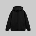 Black fleece zip-up hoodie with hood and full front zipper, front pockets