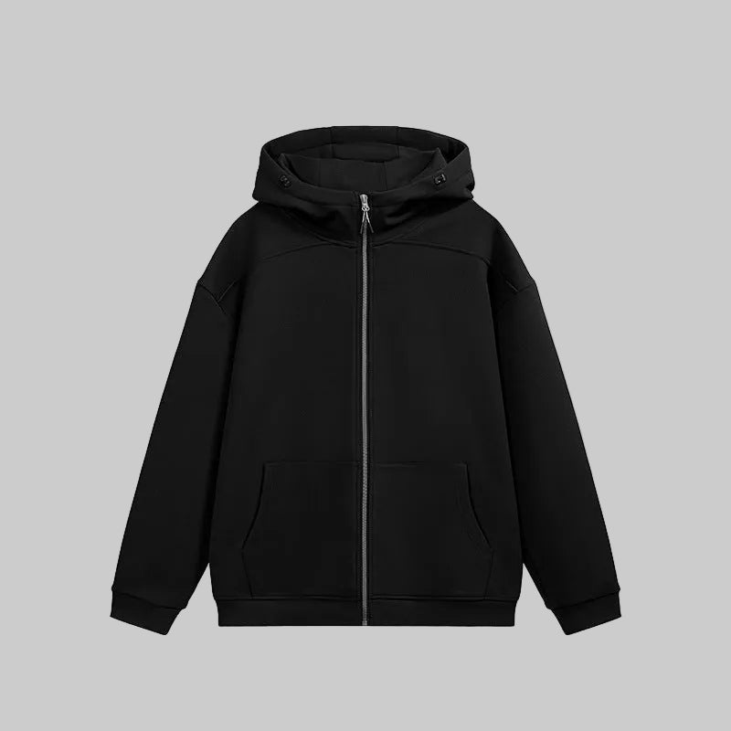 Black fleece zip-up hoodie with hood and full front zipper, front pockets