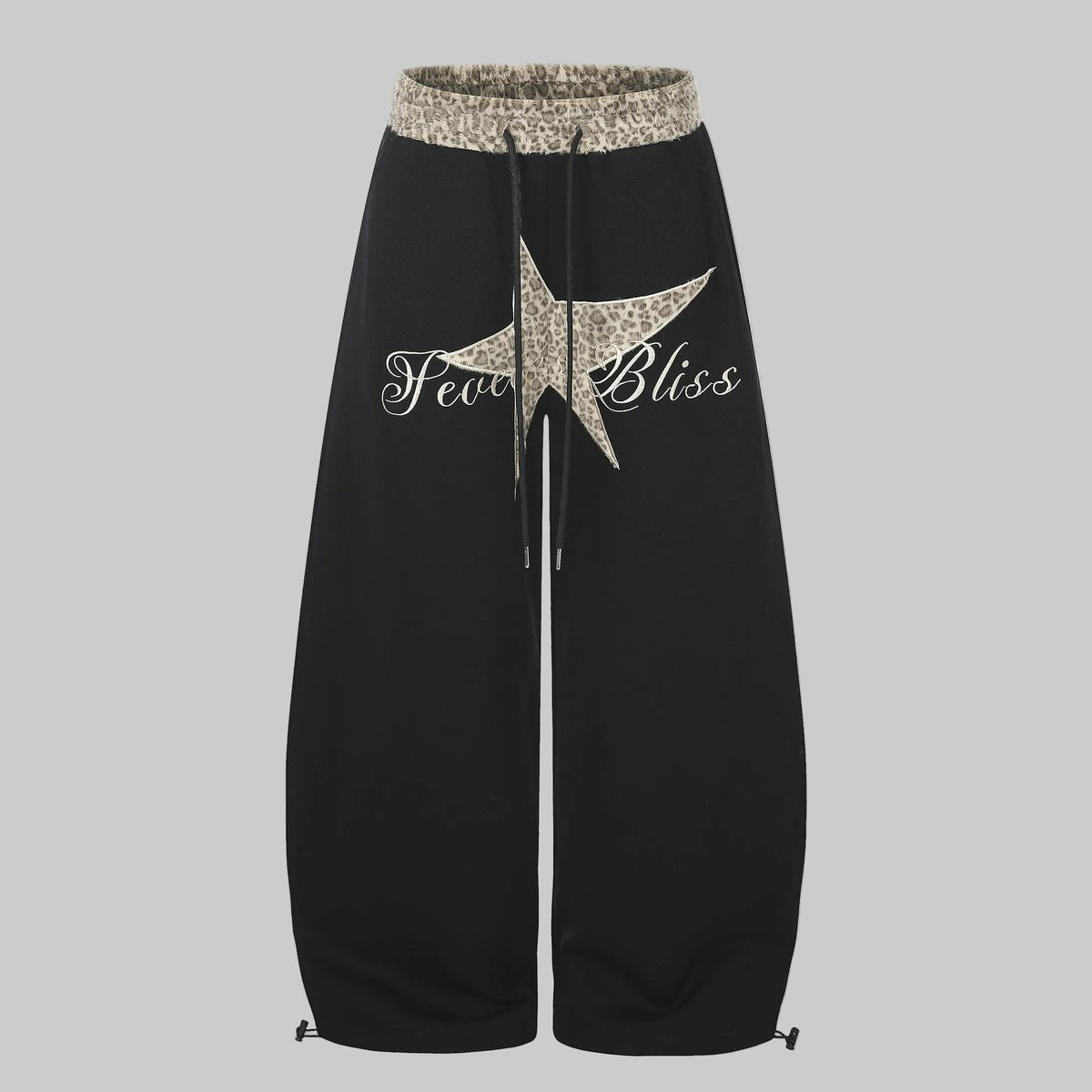 Obsidian embroidered curved trousers with leopard waistband and split star front graphic
