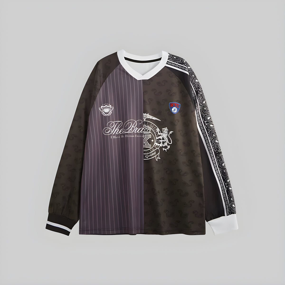 Long-sleeve patchwork print T-shirt, crew neck, black with purple striped front
