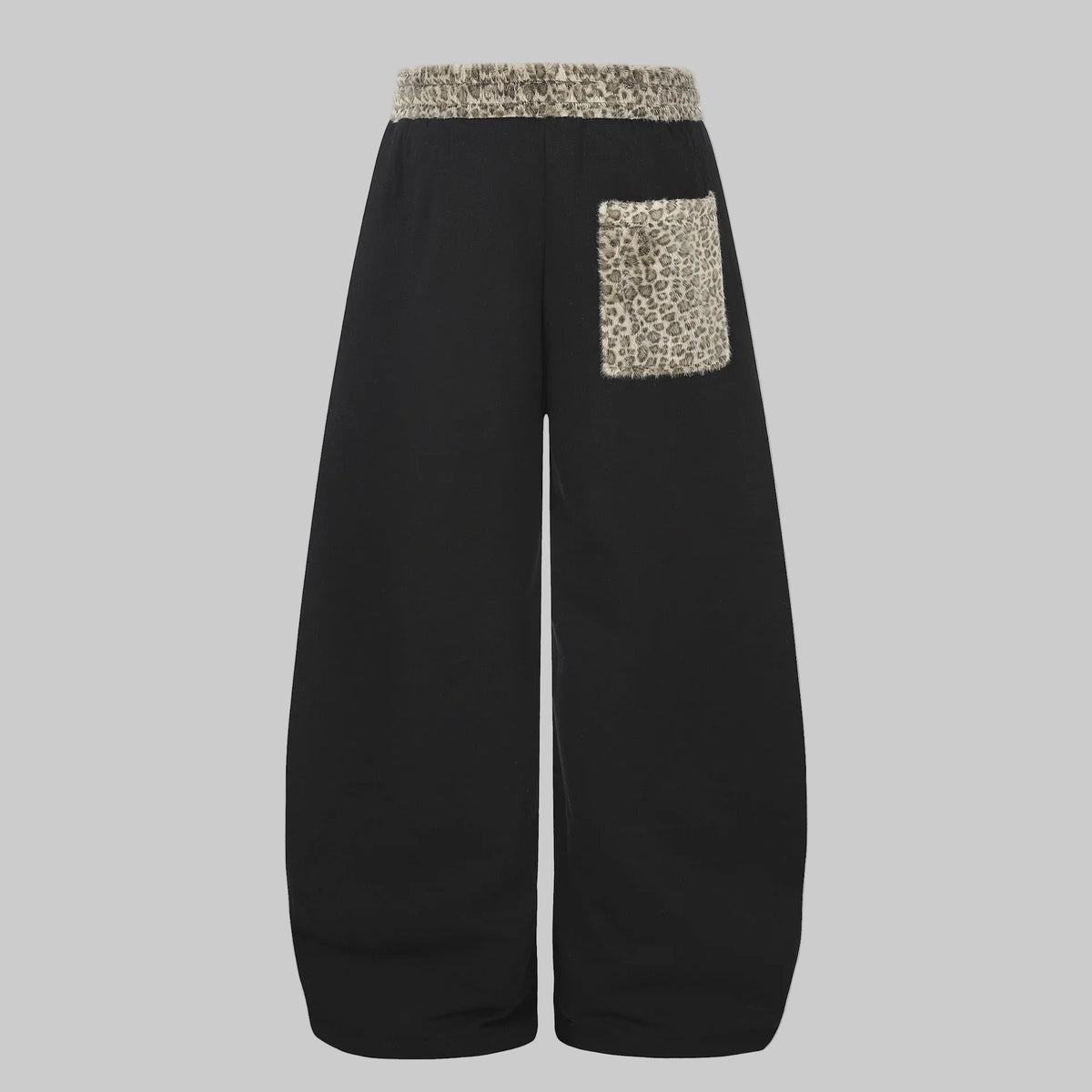 Obsidian embroidered curved trousers with leopard side patch and drawstring waist