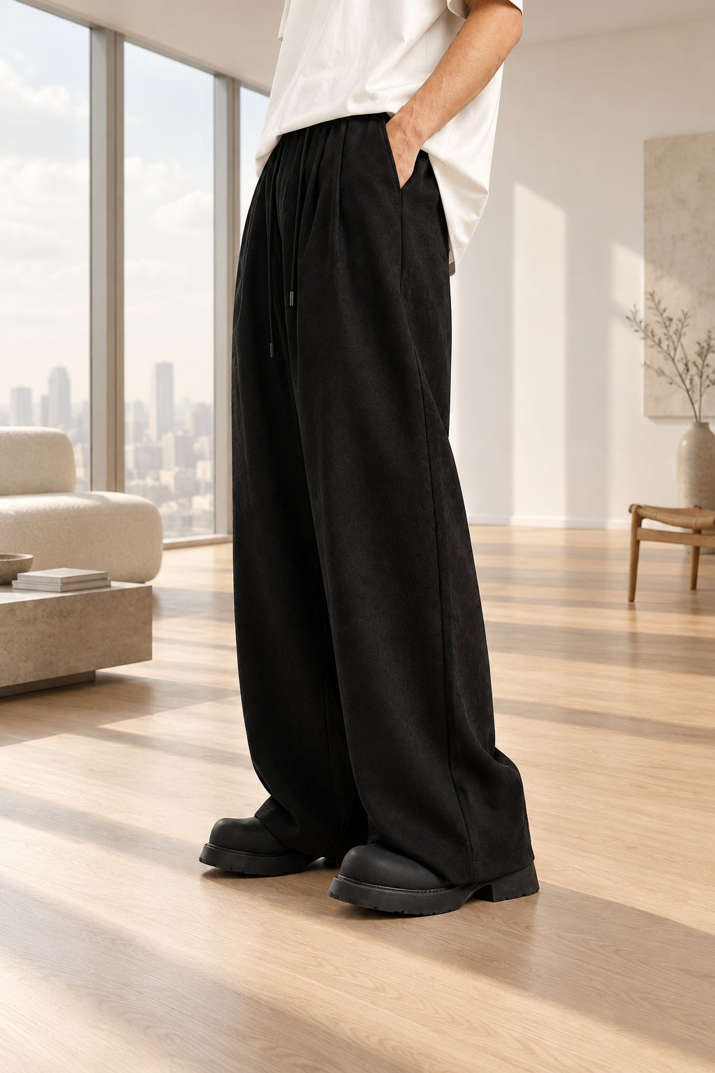 Obsidian relaxed wide-leg suit trousers with elastic waist and drapey straight legs