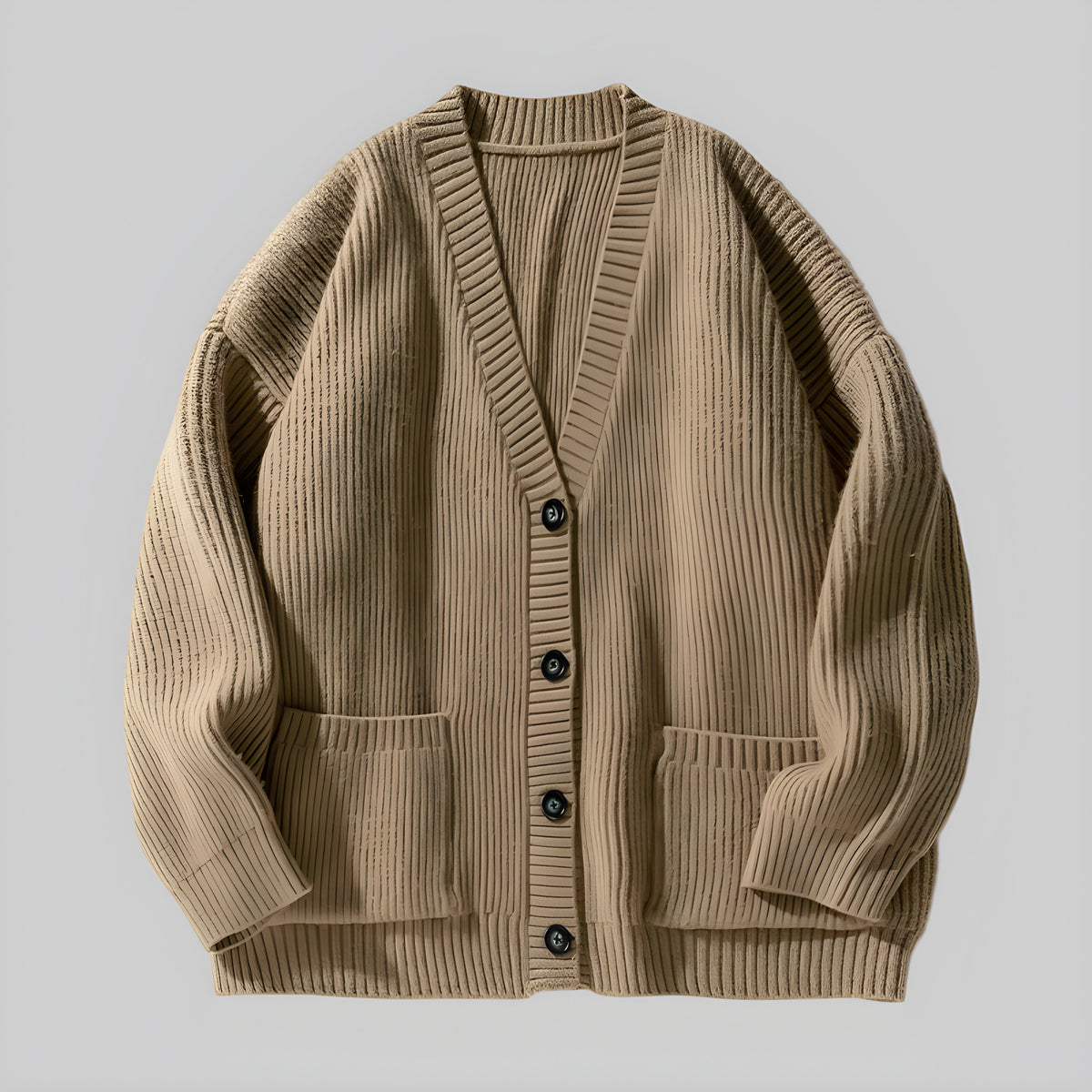 Khaki coarse-stitch cardigan, V-neck button front with patch pockets