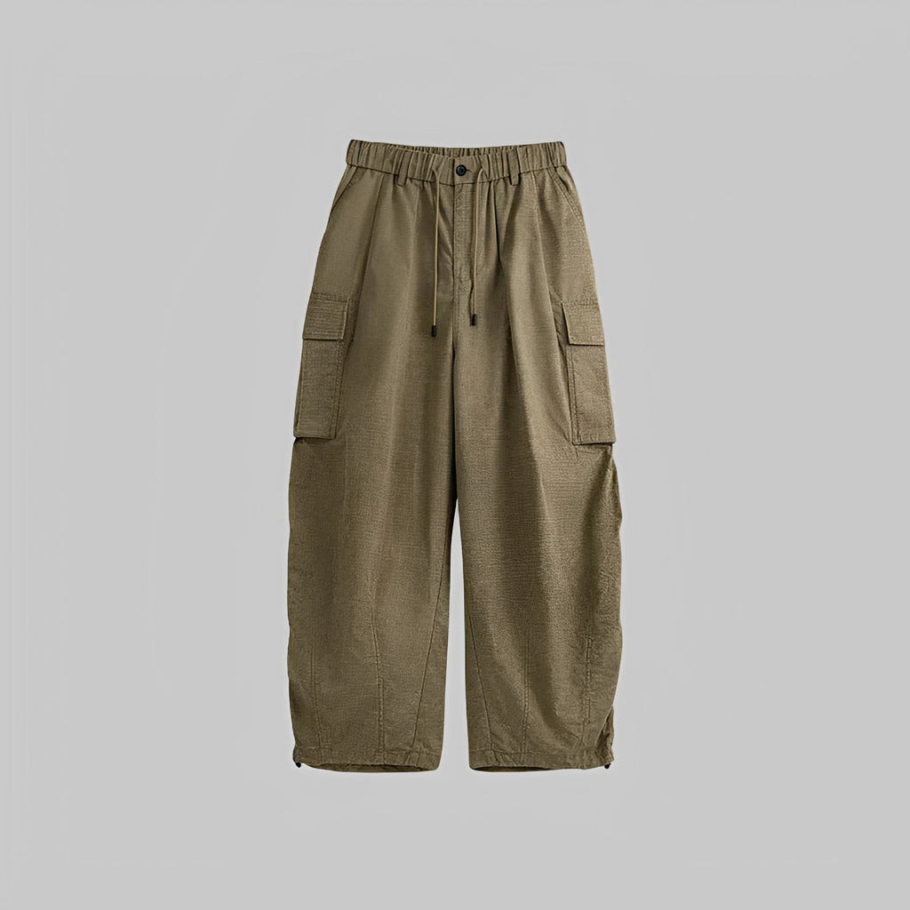 Khaki washed wide-leg trousers with drawstring waist and cargo side pockets