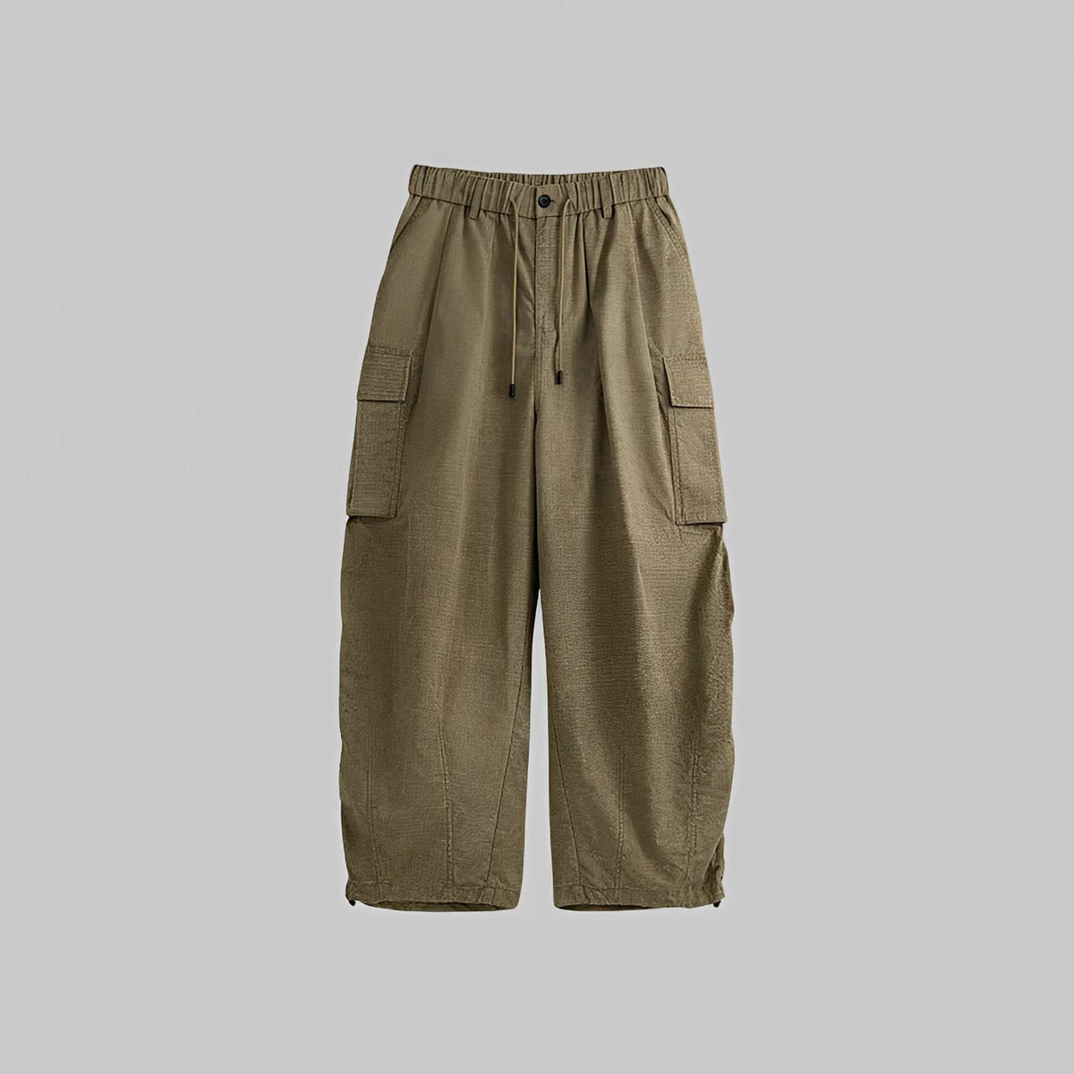 Khaki washed wide-leg trousers with drawstring waist and cargo side pockets