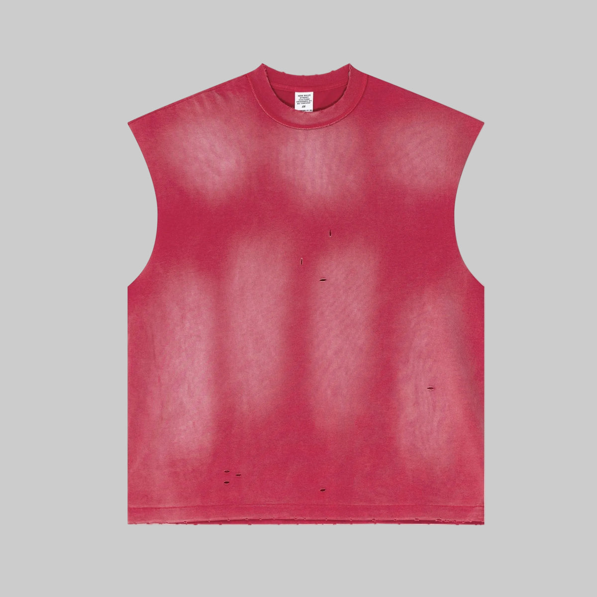Red distressed sleeveless tee with crew neck and worn speckled spots
