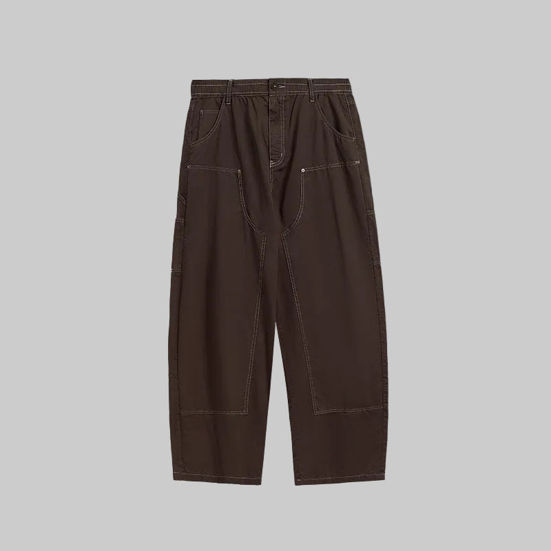 Washed cargo trousers with multiple pockets, wide leg, dark brown wash