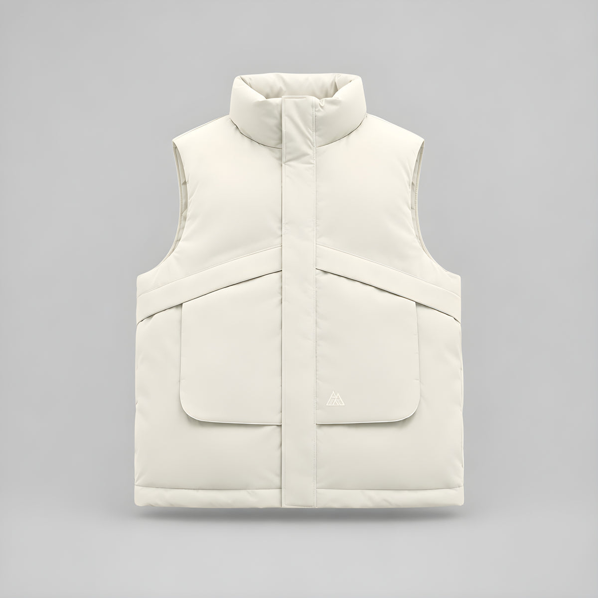 Ivory down puffer vest with stand collar and center-front zipper