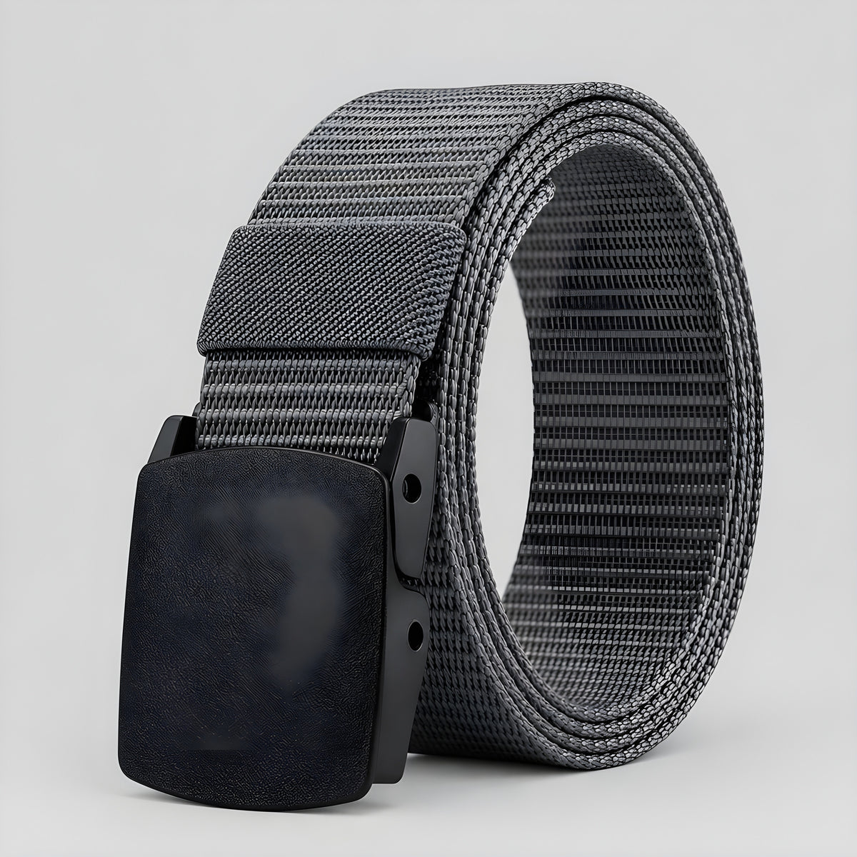 Canvas utility belt with gray webbing and rectangular plastic buckle