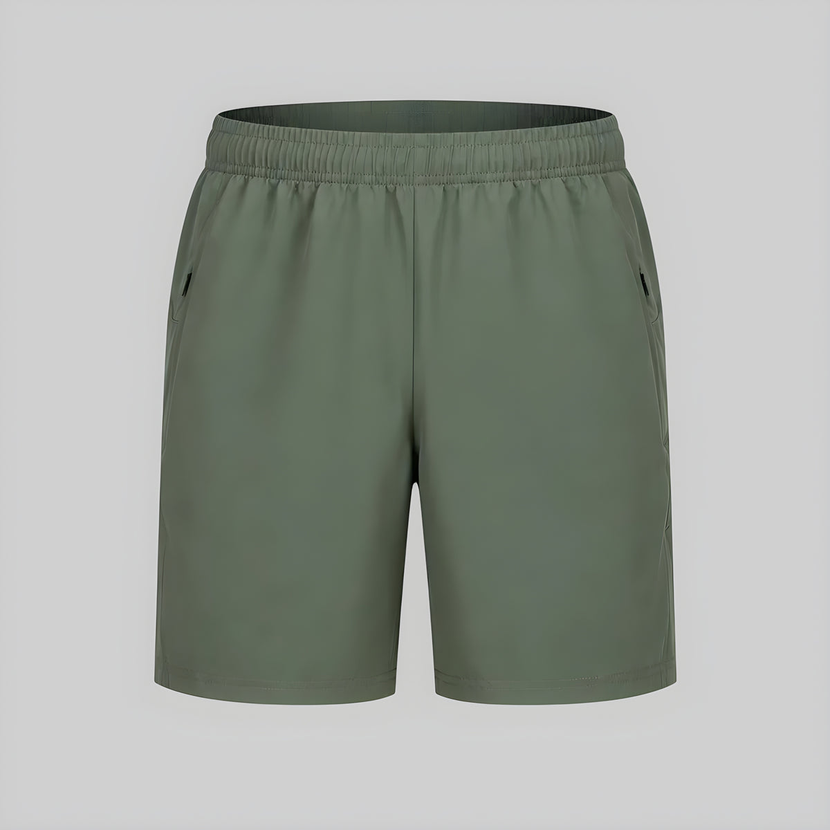 Technical Velocity short in dark green, back view with elastic waistband and straight hem.