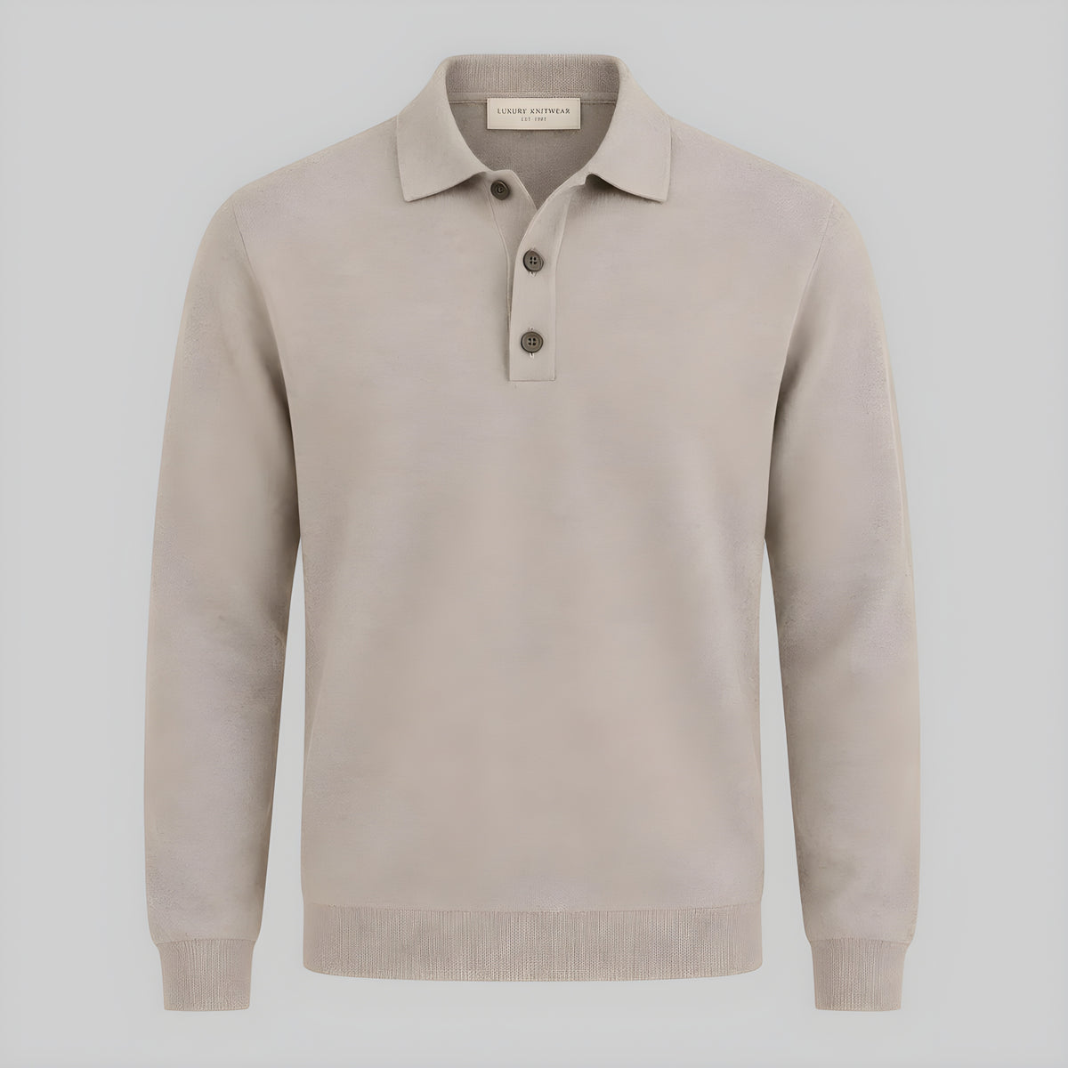 Ivory long-sleeve V-neck polo sweater with button placket and ribbed cuffs