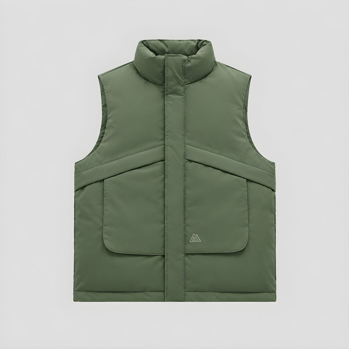Forest green down puffer vest with stand collar and quilted chest pocket