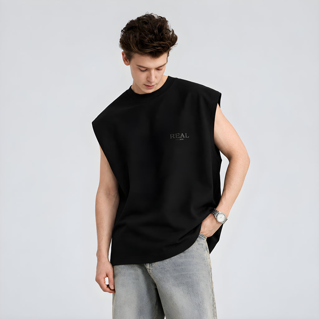 Black sleeveless crew-neck vest with small flocked chest logo