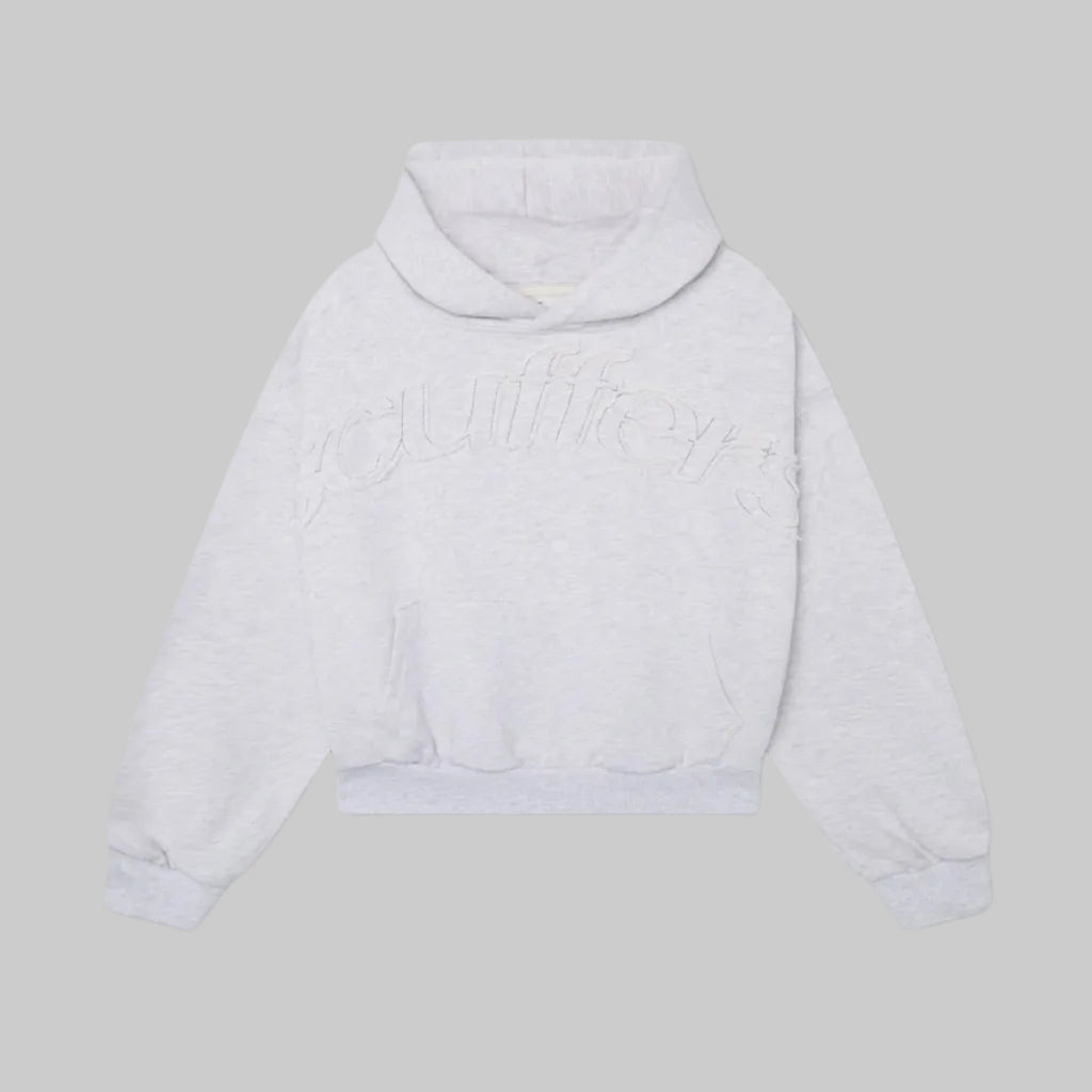 White pullover hoodie with embossed lettermark graphic, front pocket, and hood