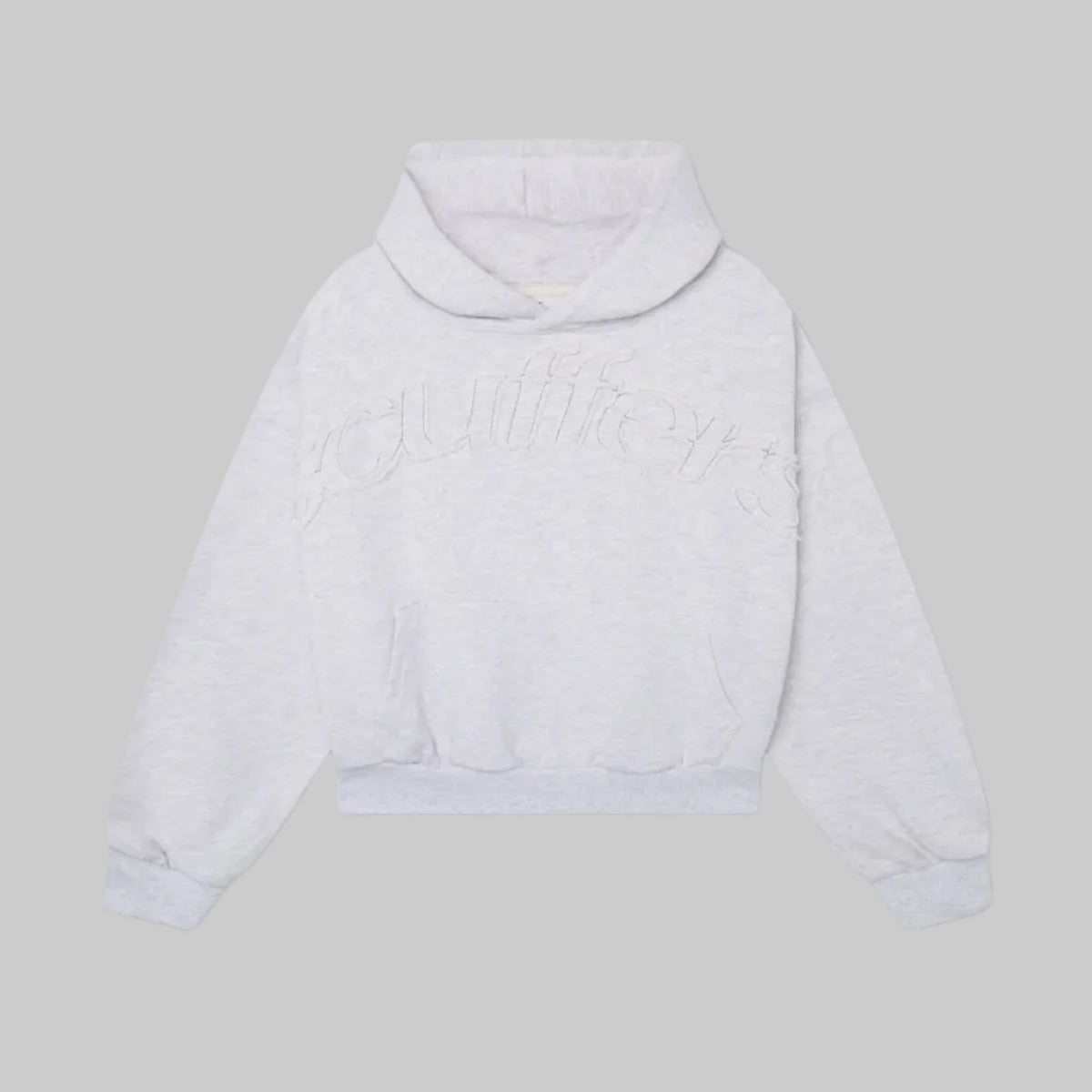 White pullover hoodie with embossed lettermark graphic, front pocket, and hood