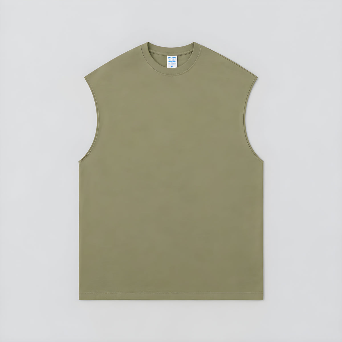 Olive green sleeveless vest with crew neck, heavyweight knit fabric.