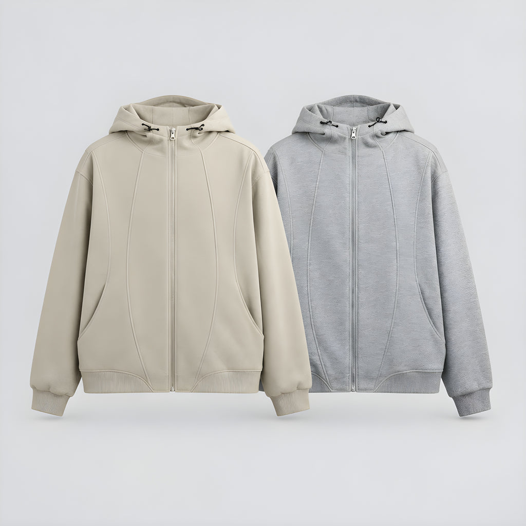 Panel zip-front hoodie in stone and grey, with adjustable hood and front pocket