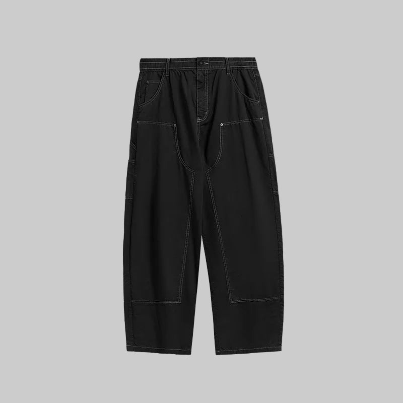 Washed cargo trousers with multiple pockets, wide leg, black wash