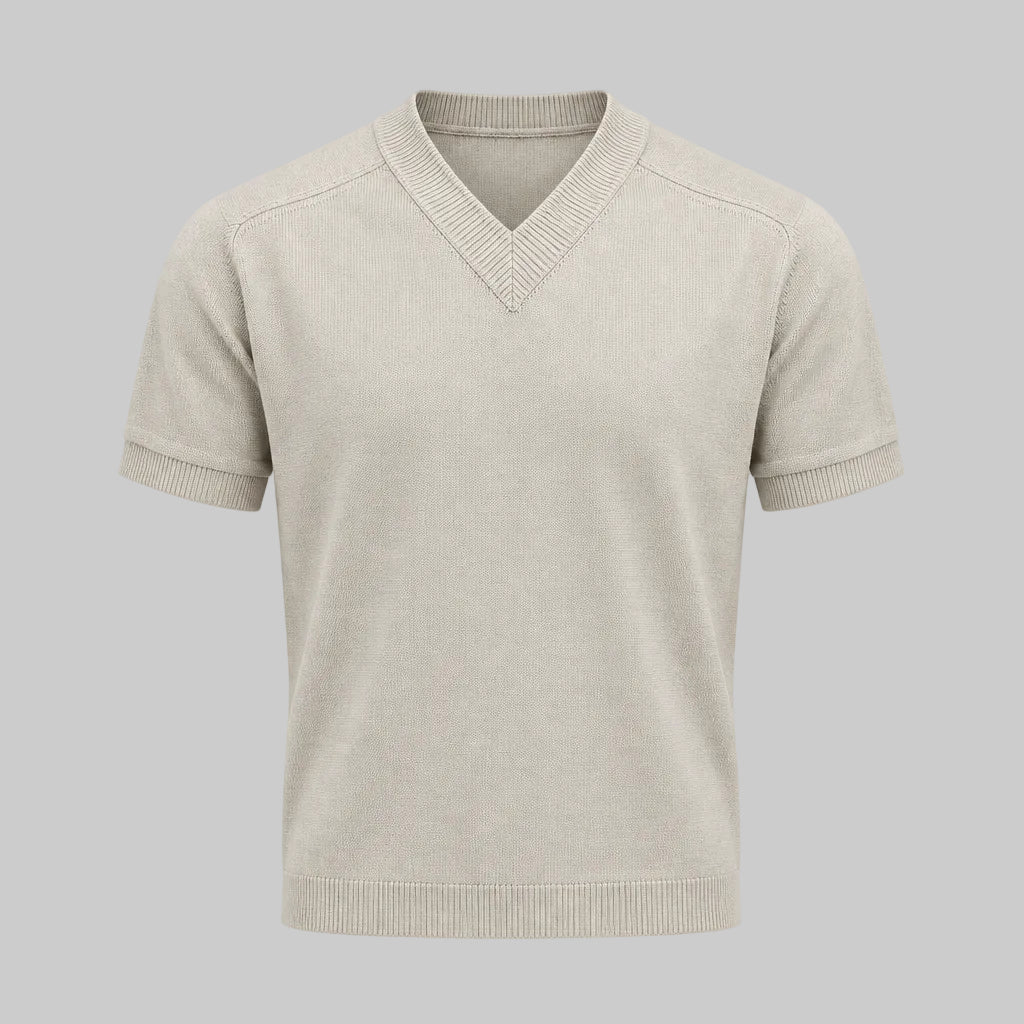 V-neck knit tee in oat beige with ribbed V-neck and short sleeves