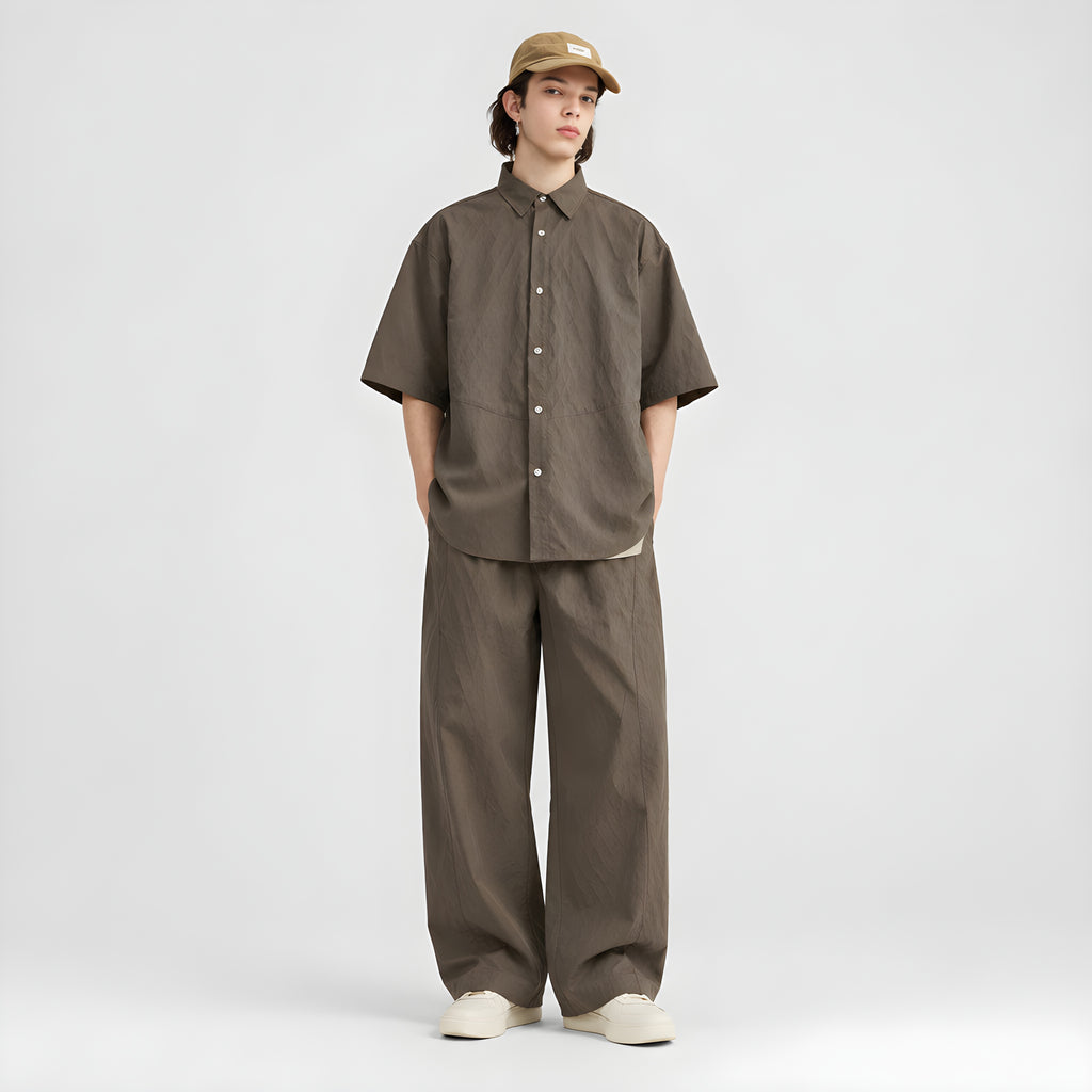 Coffee brown jacquard short-sleeve button-up shirt, relaxed fit, front buttons