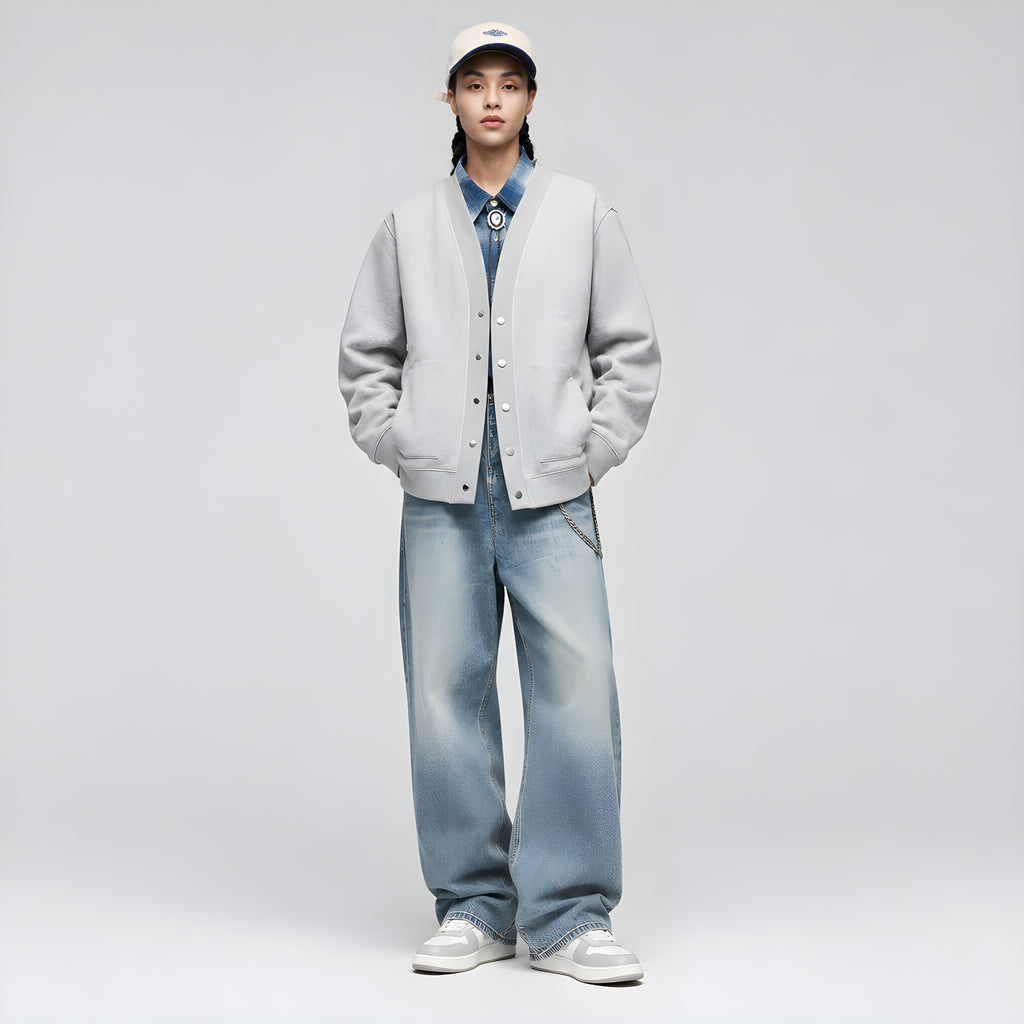 Ash cashmere cardigan hoodie with V-neck button front, hood, and front pockets