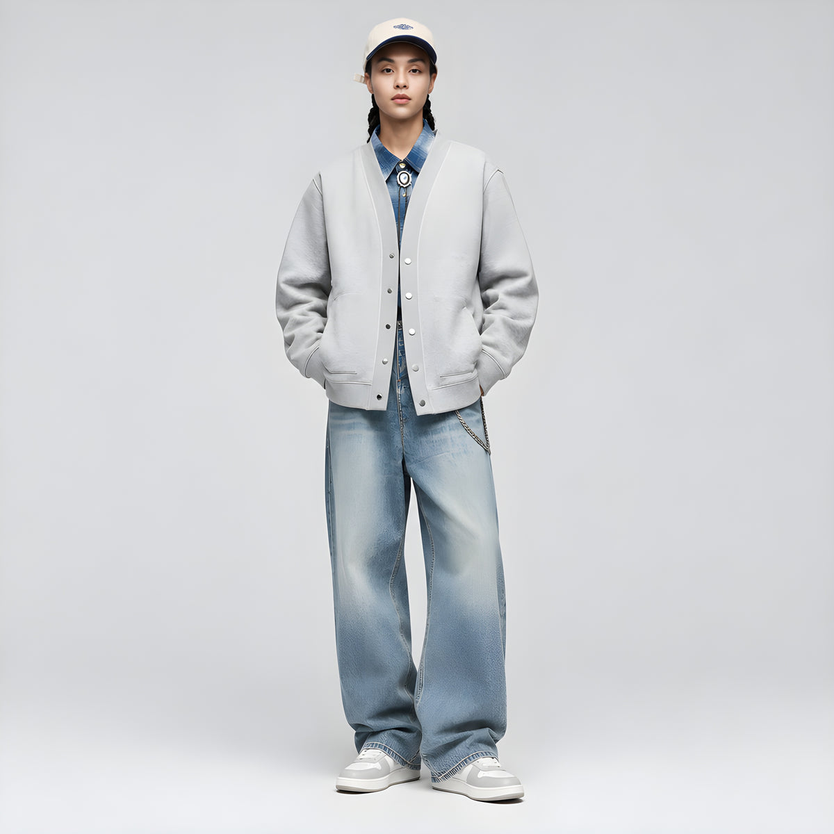 Ash cashmere cardigan hoodie with V-neck button front, hood, and front pockets