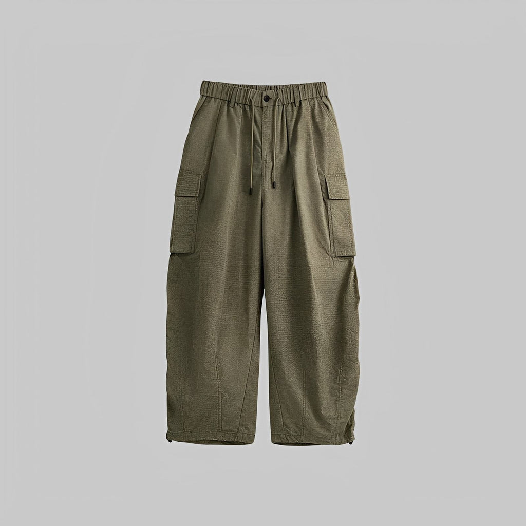 Olive washed wide-leg trousers with drawstring waist and cargo side pockets