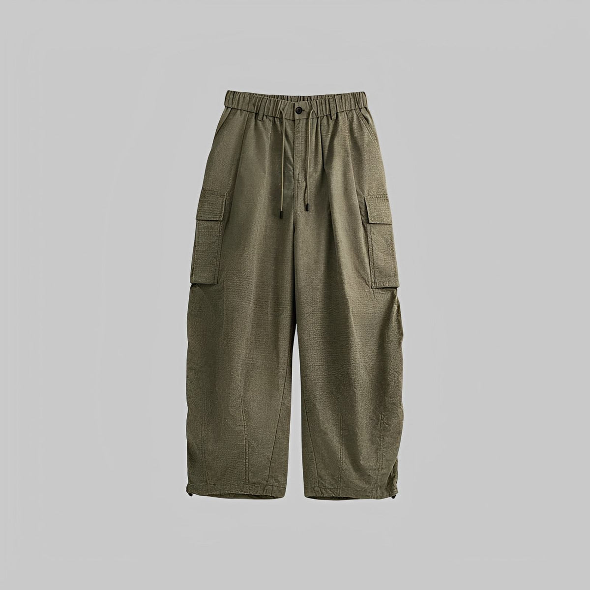 Olive washed wide-leg trousers with drawstring waist and cargo side pockets