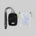 Holographic crossbody pouch with iridescent finish, drawstring closure, neon green cords