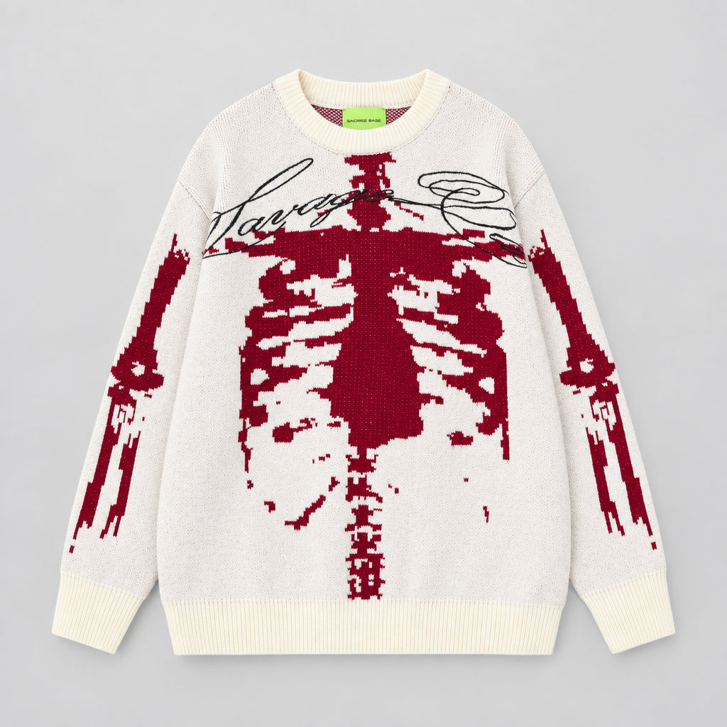 Cream skeleton jacquard knit sweater with red pixel skeleton face, ribbed crew neck