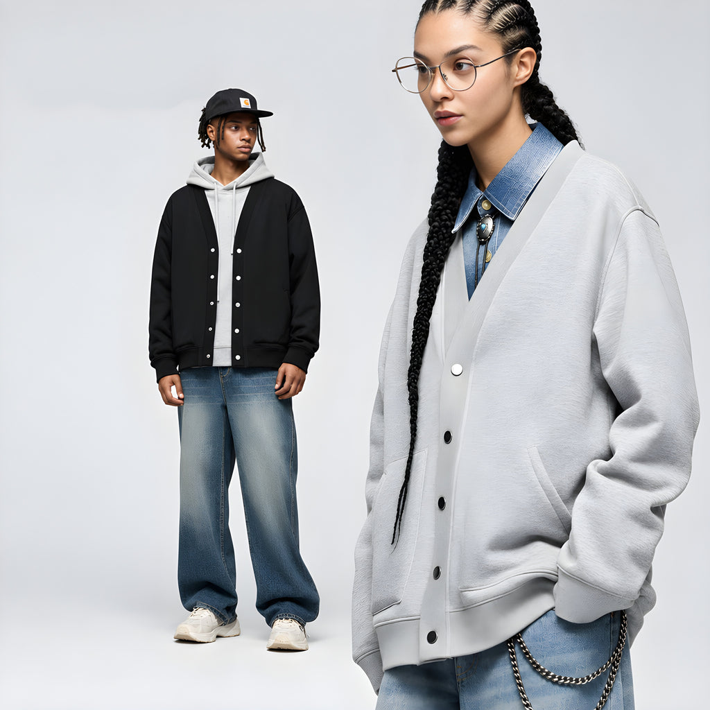 Ash cashmere cardigan hoodie on model with hood, button front, and front patch pockets