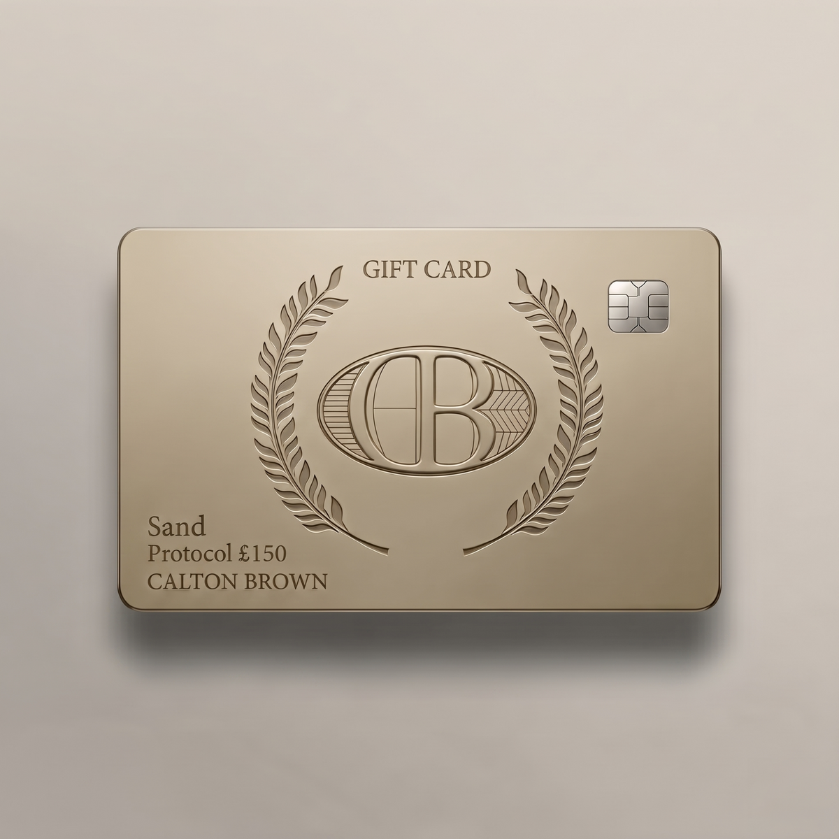 CB digital gift card in Sand with embossed CB monogram, laurel wreath, and £150 label.