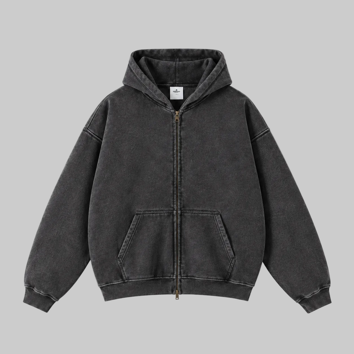 Obsidian zip-through hoodie with hood, front zipper, and kangaroo pocket