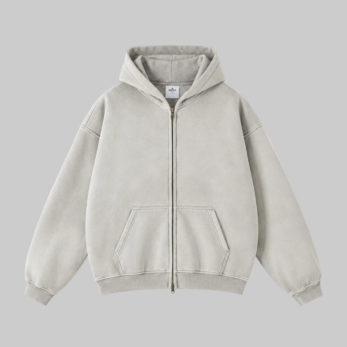 Ash zip-through hoodie with hood, front zipper, and kangaroo pocket