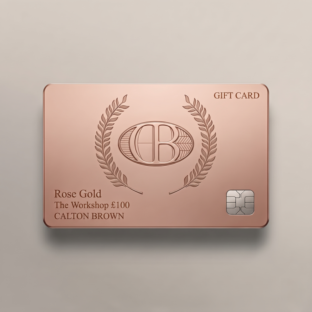 CB digital gift card in Rose Gold with embossed CB monogram, laurel wreath, and £100 label.