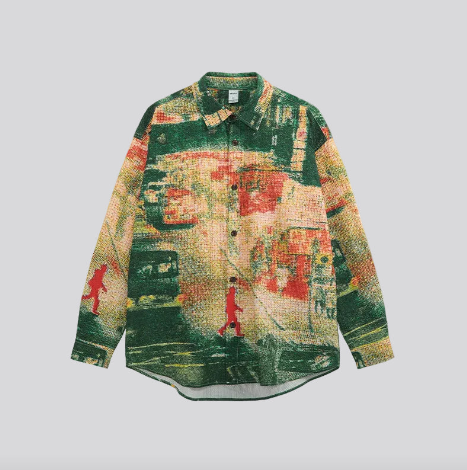 Thermal print seersucker long-sleeve button shirt with allover multicolor scene design