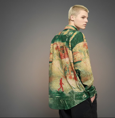 Ochre thermal print seersucker button-up shirt with long sleeves and collared neckline