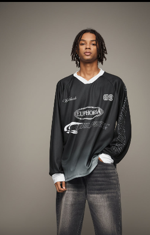 Obsidian long-sleeve graphic tee, white V-neck and cuffs, relaxed fit