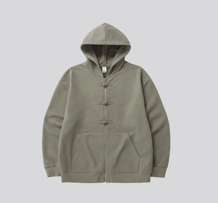 Sage fleece zip hoodie with hood, center front zipper, and kangaroo pocket