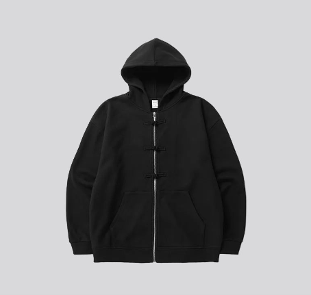 Black fleece zip hoodie with hood, center front zipper, and kangaroo pocket