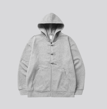 Light gray fleece zip hoodie with hood, center front zipper, and pouch pocket