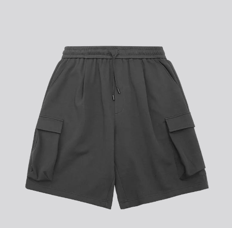 Charcoal modular capacity cargo shorts with drawstring waist and side cargo pockets