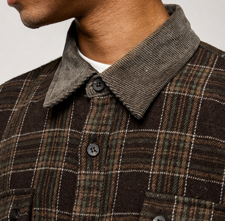 Espresso plaid overshirt close-up: buttoned placket and ribbed collar