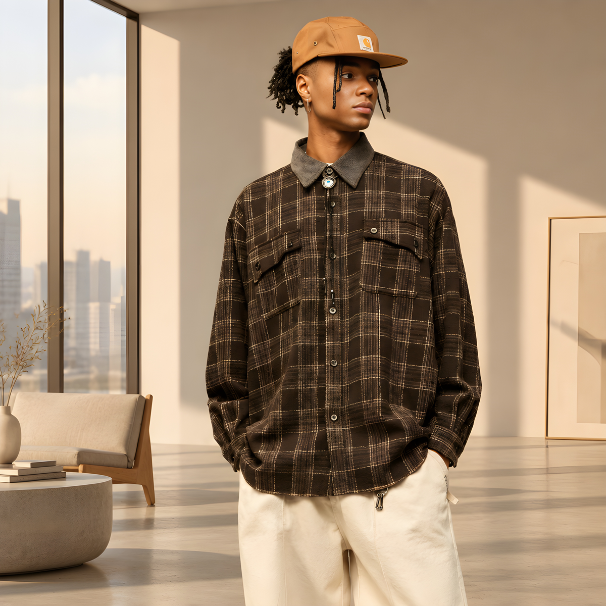 Espresso plaid overshirt with button-front, spread collar, and two flap chest pockets