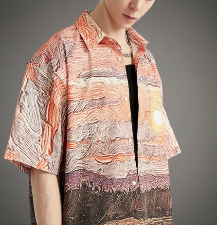 Seersucker short-sleeve button shirt with spread collar and orange, purple abstract print